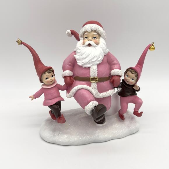 December Diamonds Retro Pink Dancing Santa Claus With Elves Christmas Figure NEW - Picture 2 of 11